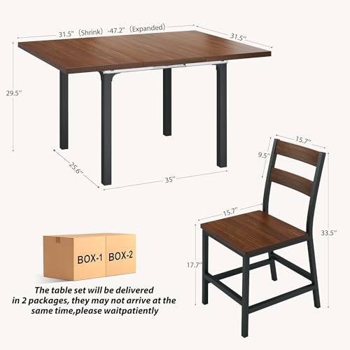 Dining Table Set for 4, Extendable Kitchen Table Set with 4 Chairs, Curved Backrest, Dining Room Table with Solid Metal Frame & MDF Board, for Kitchen Room and Small Spaces, Easy Assembly, Walnut ALEXNUTRE