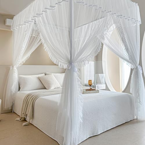 AIKASY 4 Corners Post Ruffle Princess Bed Canopy Curtain - Double Layer Cozy Drape Netting with 4 Openings - Elegant Mosquito Net for Girls and Adults Bedroom Decoration (White, Queen)