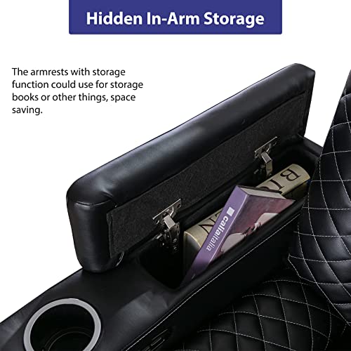 CANMOV Electric Power Recliner Chairs with USB Ports and Cup Holders, Breathable Faux Leather Home Theater Seating Recliner with Hidden Arm Storage, Ambient Lighting, Black CANMOV