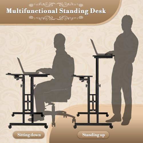 Athena Collection Height Adjustable Rolling Desk Mobile Portable Laptop Stand Cart Small Sit Standing Desk Computer Table Workstation for Home Office, Black Athena Collection
