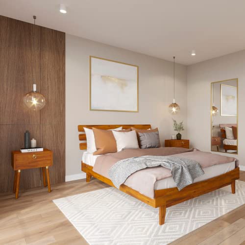 Bme Caden 15-Inch Adjustable Headboard Queen Bed Frame - Mid-Century Retro Acacia Wood, No Box Spring Needed Bme