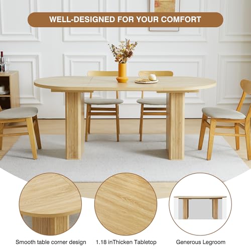 70.8 Inch Kitchen Dining Table for 4-6 People, Oval Kitchen Table with Wood Strip Base, Modern Farmhouse Large Round Dining Room Tables for Living Room (Natural) weselon