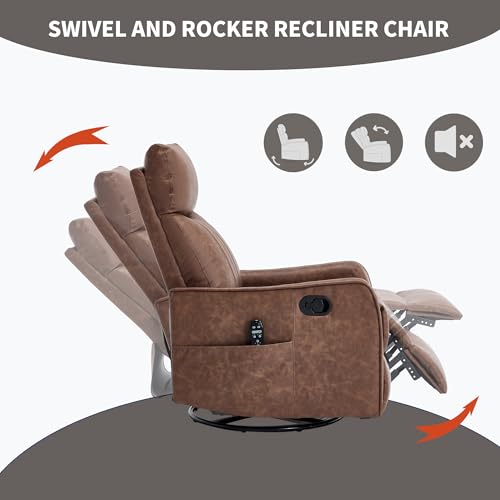 High Back Massage Recliner with Heat - Swivel Rocking Chair for Small Spaces, Manual Lazy Boy Recliner for Adults, Perfect for Living Room & Bedroom, Soft Fabric (Brown)