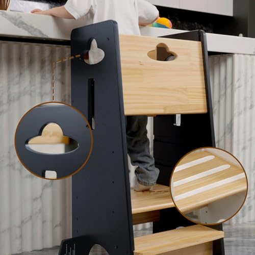 COSYLAND Toddler Standing Tower Adjustable Height - Super Stable Toddler Kitchen Stool Helper - 3 Levels Adjustable Wooden Toddler Kitchen Stool (Natural & Dark Gray) COSYLAND
