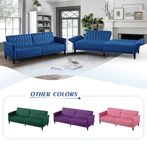 Lesofair 77” Velvet Sofa Bed with Adjustable Armrests and Backrests,Tufted Convertible Futon Couch with Nailhead Trim, Loveseat Modern Velvet Sleeper Sofa for Living Room,Bedroom,Office,Blue Lesofair