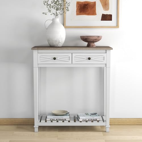 kinbor Entryway Table - White Console Table with 2 Drawers, Narrow Small Console Table with Storage Shelf for Entryway, Living Room, Hallway, White kinbor