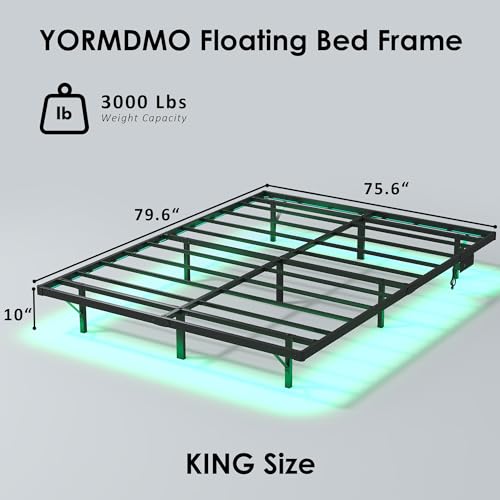 YORMDMO Floating Bed Frame King Size, Heavy Duty Bedframe with Smart LED Lights & Charging Station, Modern Metal Platform Bed, Easy Assembly No Box Spring Needed, 10 Inch YORMDMO