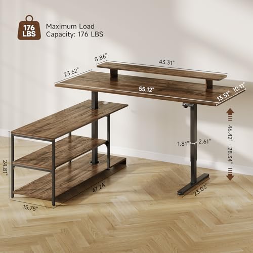 Lefurture Standing Desk with File Cabinet, 55x24'' L Shaped Electric Stand Up Desk with Adjustable Monitor Shelf, Adjustable Height 28-46'' for Home and Computer Workstation, Walnut Lefurture