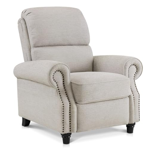 MCombo Pushback Recliner Chair, 3-Position Oversized Manual Recliner with Rolled Arms, Solid Wood Legs & Chenille Upholstery, Accent Reclining Chair for Living Room Office 4865 (Beige) MCombo