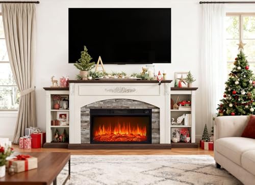80" Electric Fireplace with Mantel, Fireplace TV Stand for TVs Up to 90 Inch, Realistic Stacked Stone Surround with Remote Control Timer LED Flame for Living Room(Antique White) BLANKSPACE