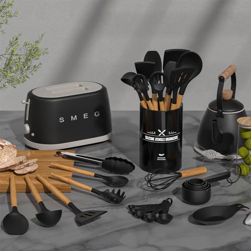 Umite Chef Kitchen Cooking Utensils Set, 33 pcs Non-Stick Utensils Spatula Set with Holder, Black Wooden Handle Silicone Kitchen Gadgets Umite Chef