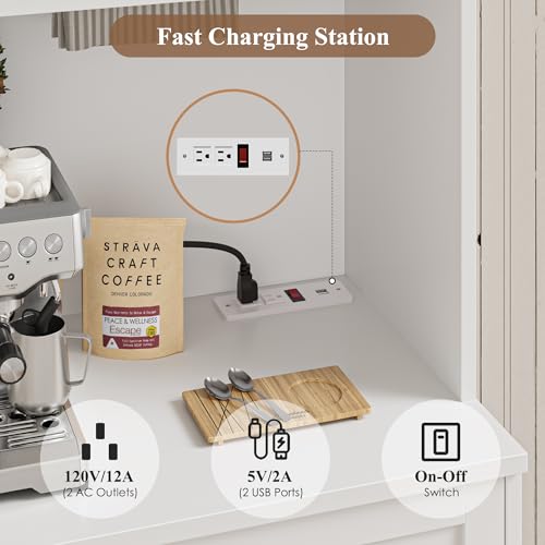 HOSTACK 75.4" Tall Kitchen Pantry Cabinet with Charging Station, Modern White Kitchen Hutch with Microwave Stand and Wine Racks, Large Food Pantry Storage Cabinet with Glass Doors and Drawers, White HOSTACK