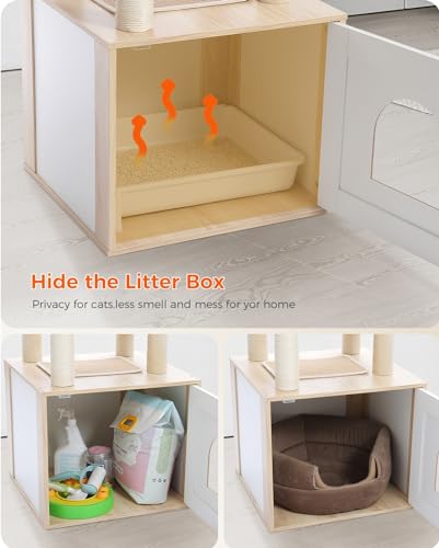 MIOMUM Tall Cat Tree with Litter Box Enclosure 56.7" Wooden Cat Tower for Large Cats with Cat Hammock House Bed (Wood Beige) MIOMUM