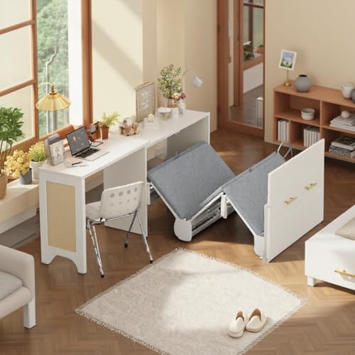MaiDeHaoo Twin Size Murphy Bed Cabinet Horizontal with Adjustable Position Desk Murphy Chest Bed with Foldable Cushion - White MaiDeHaoo