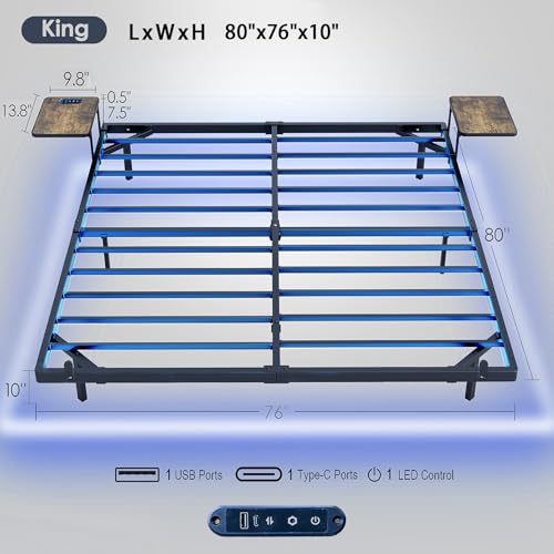 Bigu Floating Bed Frame King with Bedside Tables, Charging Station and LED Lights Metal Platform U.S. Standard, Black Bigu