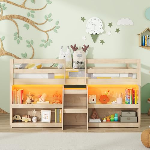 Giantex Low Loft Bed with LED Lights, Wooden Twin Loft Bed with Stairs & Safety Guardrail, Loft Bed Twin Size with Storage Bookcase and Under-Bed Play Space, Loft Bed for Kids (Natural) Giantex