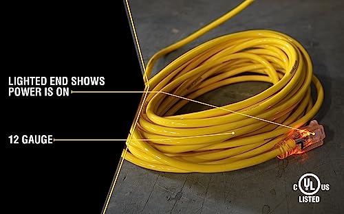 Yellow Jacket Heavy Duty Extension Cord, 100Ft, 12 Gauge, 3 Conductor, Lighted End, Weather Resistant, SJTW, Yellow, 2885 Yellow Jacket