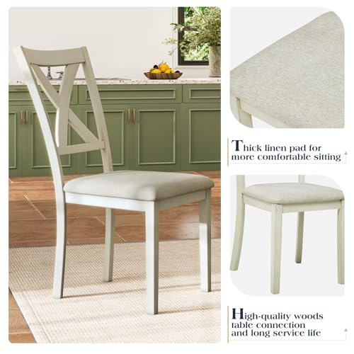 YUMPIE 7-Piece Farmhouse Dining Table Set for 6 People, 60" Wood Dining Kitchen Table & Chairs Set, Kitchen Table with 6 Upholstered Chairs, Perfect for Restaurant, Brown & White YUMPIE