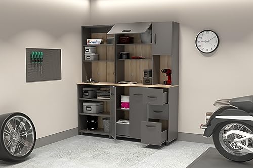 Inval Proforte 2-Piece Garage Storage Cabinet Set with 1 Large Cabinet, 3-Drawer Cabinet, Adjustable Shelves, Dark Gray/Maple Inval