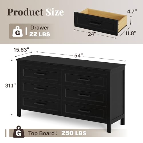 YESHOMY Black Dresser for Bedroom, Wooden 6 Drawer Dresser, Closet Storage Organizer Chest of Drawers for Living Room, Hallway, Closet