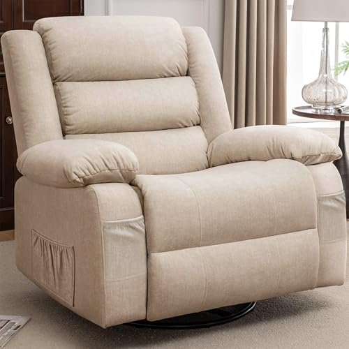 Korser Recliner Chair, Wide Rocker Chair, Rocking Chair with Massage and Heat,360°Swivel Nursery Rocking Chairs, Oversized Recliner for Adults, Cashmere Reclining Sofa for Living Room, Khaki