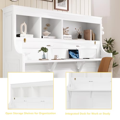 Polibi White Finish Twin Size Murphy Bed with Built-in Desk & Storage Shelves,Space-Saving Wall Bed for Home Office, Guest Room, Apartments,Easy Fold-Down Mechanism,Sturdy Engineered Wood Polibi