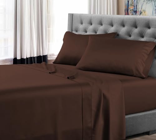 True Luxury 1000-Thread-Count 100% Egyptian Cotton Bed Sheets, 4-Pc King Dark Brown Sheet Set, Single Ply Long-Staple Yarns, Sateen Weave, Fits Mattress Upto 18'' Deep Pocket Comfort Sheets
