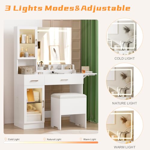 NUNU LAB White Vanity Desk with Mirror and Lights, Makeup Vanity Set with Storage Shelf and Drawers, Bedroom Dressing Table with RGB Cabinets, Cushion Stool for Women, Girls, Teens (052 White) NUNU LAB