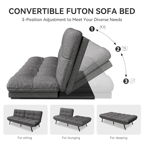 Vipbear Convertible Futon Sofa Bed,Grey Linen Futon Couch with Detachable Cushion,Adjustable Backrest & Armrest,Modern Small Recliner Loveseat Sleeper Couch for Living Room,Office,Apartment Vipbear