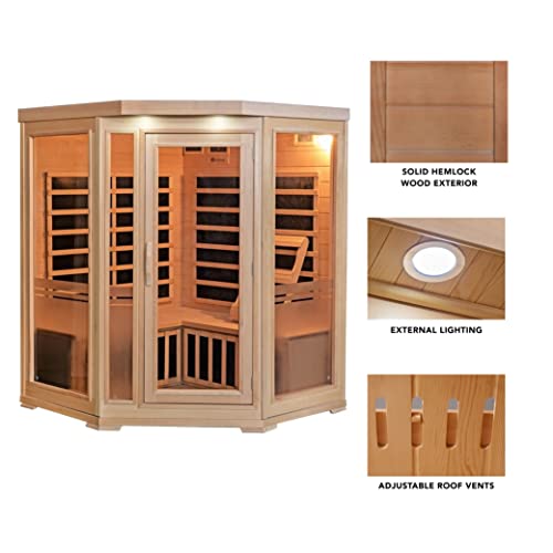 Heat Wave 3 Person Sauna Corner Fitting Infrared FIR FAR 7 Carbon Heaters Hemlock Wood MP3 Player 2 Speakers Color Therapy Light LED Control Panel Heat Wave