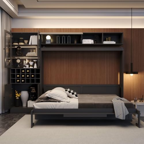 CITYLIGHT Queen Size Murphy Bed with Wine Rack, Storage Cabinet and Shelves, Wooden Wall Bed Frame with Sofa, USB Ports and LED Lights (Gray) CITYLIGHT