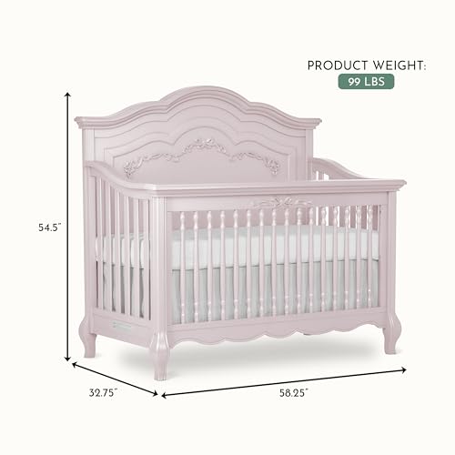 Evolur Aurora 5-in-1 Convertible Full-Size Baby Crib in Dusty Rose, GreenGuard Gold & JPMA, 3 Mattress Heights, Ribbon Bow Scrollwork & Queen Anne Feet, Converts to Toddler, Day & Full-Size Bed