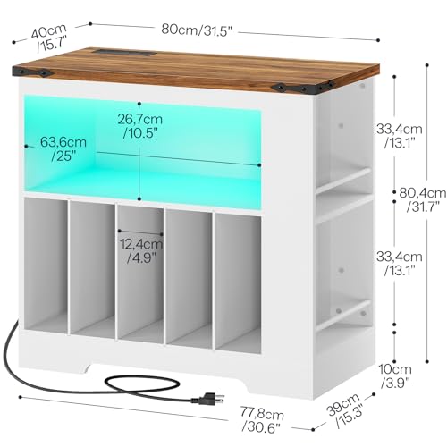 HOOBRO Large Record Player Stand with Charging Station & LED Lights, Vinyl Record Storage Table Holds up to 230 Albums, Turntable Stand with Display Shelf for Living Room, Walnut and White WH80UDRS01 HOOBRO