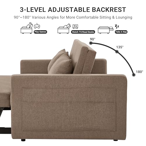 N NOORDENIYA 55.5" Fabric Convertible Sofa Bed, Pull Out Sleeper Sofa Bed, Loveseat Couch with Side Pocket, 3 in 1 Convertible Sleeper Sofa Bed for Living Room, Apartment, Bedroom, RV, Brown N NOORDENIYA