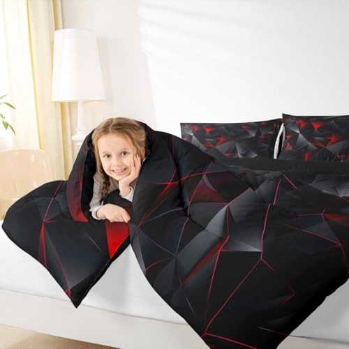 jejeloiu Red and Black Comforter Set Twin Size Kids Geometric Pattern Bedding Set for Boys Girls Teens Adults, Art Aesthetic Duvet Quilt Breathable Soft Room Decor 2Pcs jejeloiu