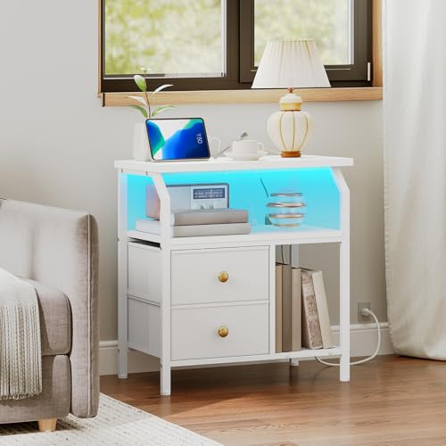 HOOBRO 23 inch Wide Nightstand with Charging Station and LED Light, Night Stand with 2 Fabric Drawers, Bedside Table, Dresser with Open Storage Shelf, End Side Table for Bedroom, White WT160UDBZ01 HOOBRO