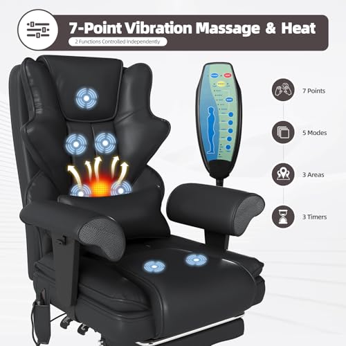 Mvpipi 7-Point Massage Office Chair,Heated Manageral Chair,Ergonomic Executive Chair with Footrest,Adjustable Armrest๏ผComputer Chair for Offices, Study Areas, Gaming Spaces,Black Mvpipi