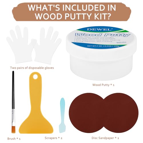 DEWEL Wood Putty, White Wood Filler, New Upgrade Wood Putty Filler Paintable, Stainable, Sandable, Wood Furniture Repair Kit Quickly Restore Wood DEWEL