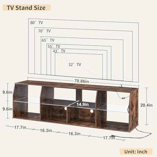 VECELO LED TV Stand for 70 inch, Entertainment Center with Power Outlets, Industrial Television Cabinet with 7 Open Storage Shelves, for Living Room and Bedroom, Retro Brown, 70inch VECELO