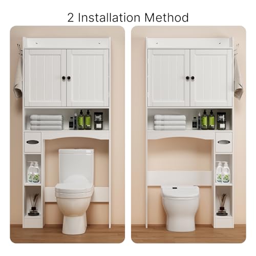 Ahomly Over The Toilet Storage Cabinet, 32.3" W x 70.3" H Over Toilet Bathroom Organizer with Doors, Adjustable Shelves, Toilet Paper Holder, 2 Side Hooks, Space-Saver for Bathroom, Laundry, White Ahomly