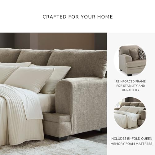 Signature Design by Ashley Stonemeade Contemporary Sofa Sleeper with Folding Gel Memory Foam Mattress, Reversible Cushions and 4 Accent Pillows, Queen, Light Brown Signature Design by Ashley