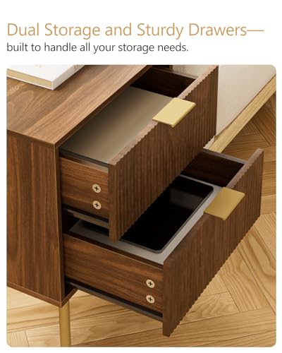 Masupu Night Stand,Mid-Century Modern Bedside Table with 2 Storage Drawer,Small Gold Frame Side End Table for Bedroom,Living Room, Walnut Masupu