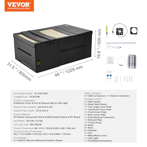 VEVOR Laser Engraver Enclosure 48 x 31.5 x 19.6, Dual-Direction Viewing, Flame Retardant and Fireproof Cover, with Exhaust Fan and Pipe, Insulates Smoke, Noise and Eye Protection, Black VEVOR