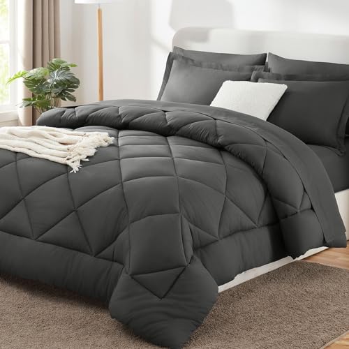CozyLux King Size Comforter Set Dark Grey - 7 Pieces Bed in a Bag King, Luxury Soft Bed Set for All Seasons, Bedding Set with Down Alternative Comforter, Sheets, Pillowcases & Shams CozyLux