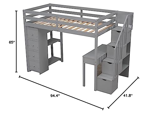 Merax Loft Bed Twin with Desk and Storage Stairs, Space-Saving Wood Bed Frame with Drawers and Shelves, for Teens Adults (Grey) Merax