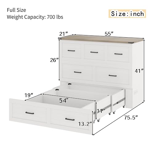 FUvellamo Full Size Murphy Bed Cabinet with Charging Station, Solid Wood Multi-Functional Foldable Platform Bed with Large Storage Drawer for Home Office or Small Room, White FUvellamo