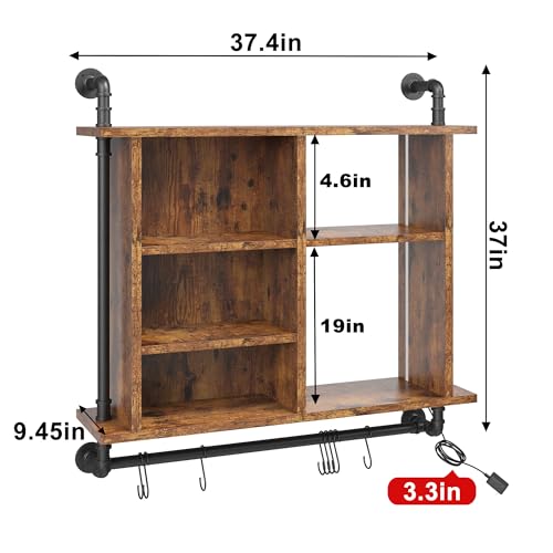 REIBII Led Floating Shelves for Wall 37" Kitchen Shelves for Wall Storage Industrial Pipe Shelving with 8 S-Hook Wood Wall Mounted Shelves for Bathroom Wall Wine Coffee Bar Rack Living Room Deco REIBII