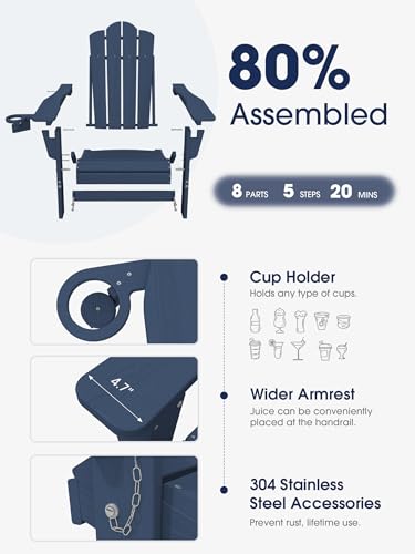 KINGYES Folding Adjustable Adirondack Chair, HDPE Reclining Adirondack Chair with Cup Holder, All Weather Use Oversize Adirondack Outdoor Chair, Blue KINGYES