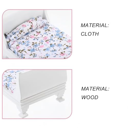 Gxsterd 1/12 Dollhouse Bed Miniature Single Bed Vintage Woode Mini Bed for for 6 inch Dolls Dollhouse Bedroom Furniture with Bedding Fabric (White) Gxsterd