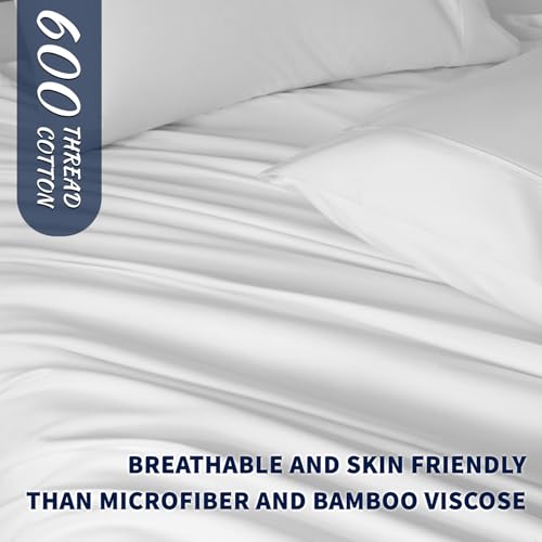 Shilucheng 100% Cotton Sheets Set - 600 Thread Count, Extra Deep Pocket Sheets Fits 18"-24" Thick Mattress, Breathable & Cooling, Luxury Egyptian Cotton Bed Sheets 4 Piece (Queen,White) Shilucheng